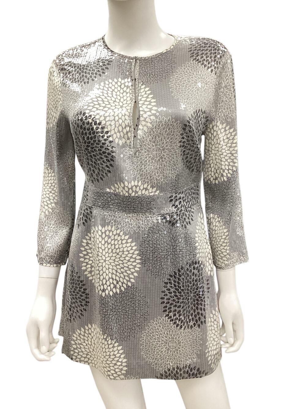 Tory Burch Top/Mini Dress Women’s SZ 8 100% Silk Sequins Long Sleeve Gray White